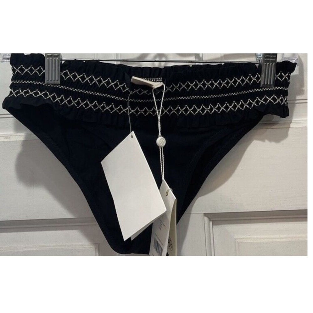 Tory Burch Swim Costa Smocked Black Ivory Hipster Bikini Bottom Size XS - Picture 2 of 11